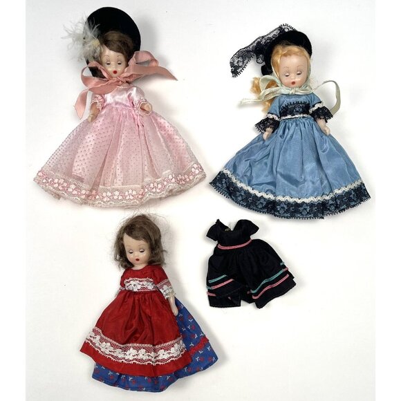 VTG Lot 3 Nancy Ann Storybook Plastic Dolls w/ Clothes + Extra Dress *Flaws*